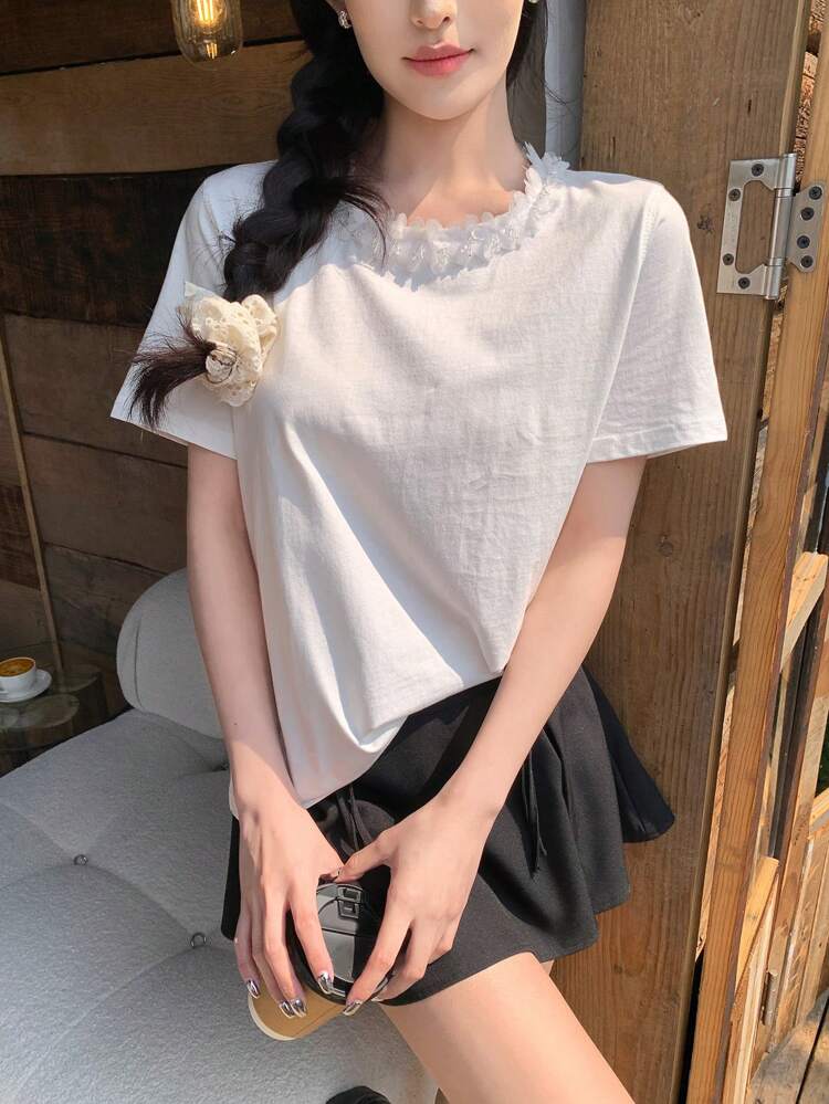 Women Summer Solid Color Casual Teenager Crop Top T-Shirt
