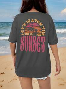 Calvaya Hawajska damska koszulka plażowa z nadrukiem tropikalnym T-shirt z grafiką Letnie wakacje Szczęście Fala Krótki rękaw Top