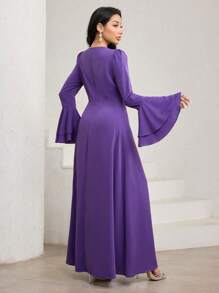 Veilorie Women Elegant Solid Color Flare Sleeve Dress - Purple - View 5