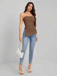 SHEIN Tall Women's Solid Color Ruched Side Slit Fitted Tube Top - Brown - View 5