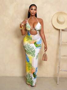 BamGleam Vestido feminino com estampa de planta tropical vazado e sexy com decote em V, roupa de férias - Multicolorido - Ver 2