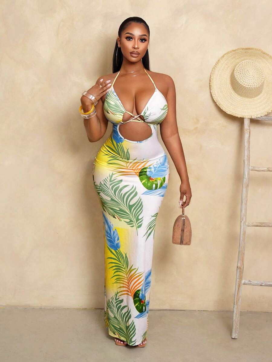 BamGleam Vestido feminino com estampa de planta tropical vazado e sexy com decote em V, roupa de férias