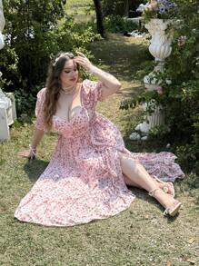 Lyrianda Vestido de fiesta estilo princesa de talla grande con cuello cuadrado y estampado floral pequeño en rosa pálido, con detalles de encaje retro, cintura ceñida y mangas abullonadas para mujeres, ideal para San Valentín, con motivos de rosas, corazones, lunares, amor, labios y Cupido