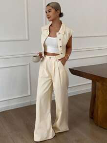 Livesso Women's Single-Breasted Vest And Wide-Leg Jeans Suit Work Women Clothes