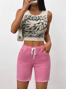 Women's Summer Casual Solid Color Drawstring Waist Denim Shorts - Pink - View 3