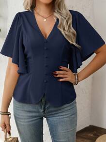 EMERY ROSE Áo cánh tay ngắn cổ chữ V phong cách Pháp thanh lịch cho nữ, trang phục công sở thường ngày, ngày lễ, cỡ lớn, eo nhún, tay loe, mùa xuân/hè - Màu xanh hải quân - Xem 6
