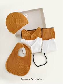 Cozy Pixies 新生儿 7 件套针织纯色柔软圆领长袖上衣、松紧腰裤、帽子、围兜 - 彩色 - 查看 1