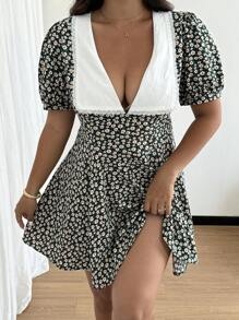 Flirla Plus Size Women's Lantern Sleeve Colorblock Ruffle Hem Babydoll Dress - Multicolor - View 7