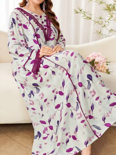 Al Najma 休闲树叶印花长袖宽松长袍，常规版型，加大码，适合春秋季节，土耳其和阿拉伯传统风格，端庄