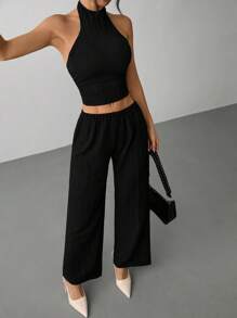 SHEIN PETITE Conjunto de 2 piezas de top de punto sin espalda con cuello halter y pantalones largos de unicolor para mujer - Negro - Ver 3