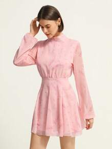 SHEIN Unity Vestido corto de manga larga de gasa con estampado floral, adecuado para el Día de San Valentín, primavera y verano - Rosa - View 4