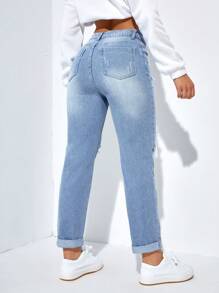 SHEIN EZwear Quần Jeans Rách Eo Cao, Thời Trang Tối Giản Phù Hợp Cho Mùa Hè - Rửa nhẹ - Xem 2