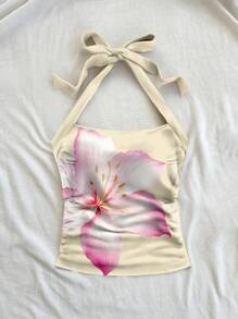 Soleia Women's Vacation Halter Neck White Knit Texture Slim Fit Tank Top For Summer Yellow Large Floral Print