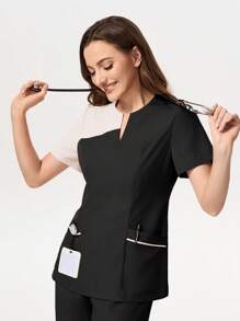 TaskEZ Contrast Color V-Neck Short Sleeve Top And Pants Scrub Uniform Set - Black - View 7