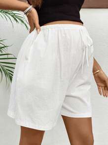 SHEIN Women's Maternity Casual White Woven Fabric Shorts With Lace-Up Detail And Semi-Sheer Finish - White - View 2
