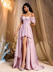 Glamrae Elegant Luxurious Off-Shoulder Puff Sleeve Ruffle Hem Dress, Suitable For Wedding, Single Party, Vacation, Ball, Banquet (Heavy-Duty)