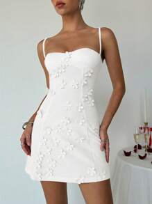 Aloruh Women Sexy Cute YTK Small Cup Detail Front 3D Floral Decor Bodycon A-Line Camisole Dress,Rave Outfits Festival,Summer Dresses For Women,White Dresses For Women - White - View 4