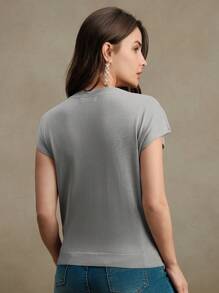 Anewsta Elegant Round Neck Beaded Embroidery Short Sleeve T-Shirt, Knit Top For Valentine's Day, Summer Vacation, New Year's, Spring, Casual, Elegant - Grey - View 5