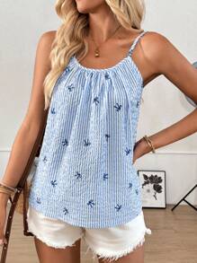 SHEIN LUNE Ladies Bow Striped Pleated Loose Camisole Fairycore Vacation Tops Cherry Top Funny Shirts Cute Summer Tops Off The Shoulder Top Vacation Summer Clothes Going Out Tops Women Vacation Outfits Woman Fairycore Coquette