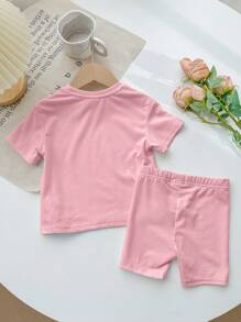 SHEIN Babymeisjes casual eenvoudige cartoon print korte mouwen shorts set van 2 stuks, geschikt voor de zomer