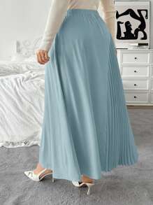 SHEIN Privé Plus Size Women Casual Elastic Waist Asymmetric Hem Pleated Patchwork Flowy Loose Long Skirt, Commute & Elegant - Dusty Blue - View 2