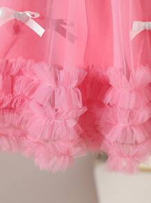 Baby Girl Spring&Summer Elegant Style Short Puff Sleeves Bowknot Decoration Wesh Dress - Pink - View 5