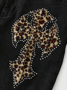 ROMWE Jeans pitillo con talla grande, con parche de estampado de leopardo, bordado de cruz y adornos de strass en estilo Y2K