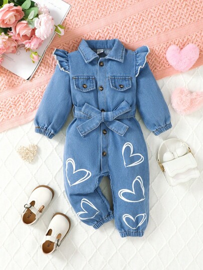 Macacão Denim com Estampa de Coração e Manga Curta Azul Fofo para Bebê/Criança Menina, Nova Chegada de Outono/Inverno