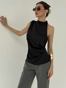 Aloruh Women's Plain Pleated Loose Sleeveless Shirt Summer Summer Outfits Summer Clothes Black Color Workplace Commuting Simple And Elegant