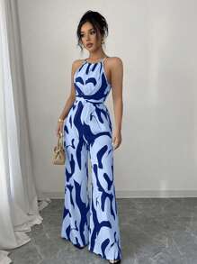 Elenzga Mono estampado con cintura para mujer, elegante para vacaciones y uso diario con cuello halter - Azul - Ver 4