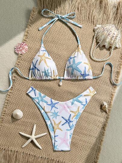 Swim Mod 2pcs/Set Summer Holiday Random Print Textured Shell Accessory Triangle Bikini Top And High-Cut Swim Bottoms, Sexy Swimsuit Set