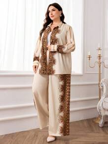 Mulvari Plus Size Women Floral Print Long Sleeve Shirt & Pants 2 Pieces Casual Outfit - Multicolor - View 4