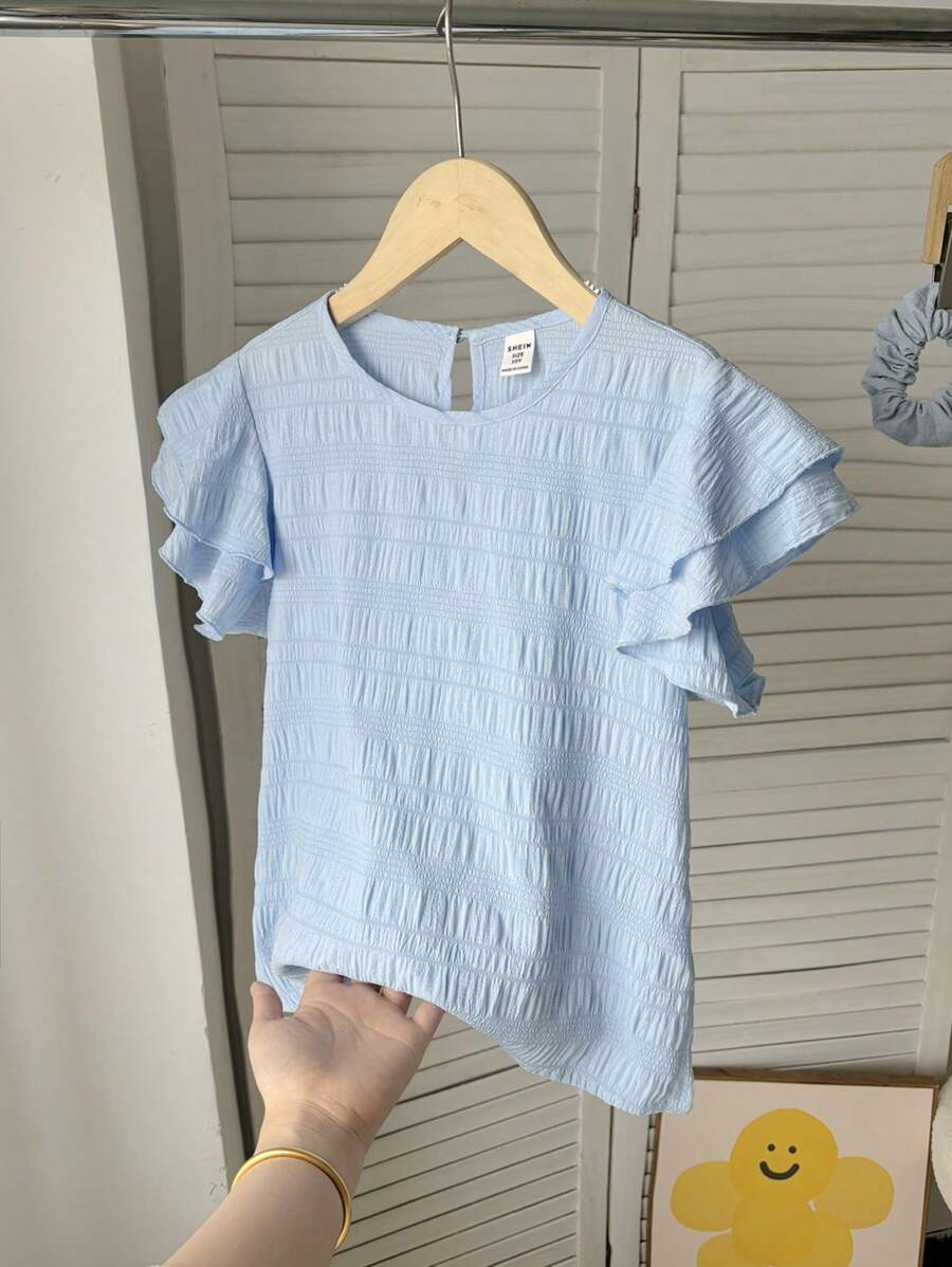 SHEIN Tween Girls Textured Woven Round Neck Ruched Ruffle Trim Fitted Casual Top, Holiday Vibe, French Elegance, Suitable For Spring Outing And Vacation - Baby Blue - View 1