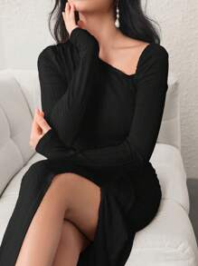 Modelyn 女士不对称领口抽绳开衩优雅派对连衣裙 - 黑色 - 查看 3