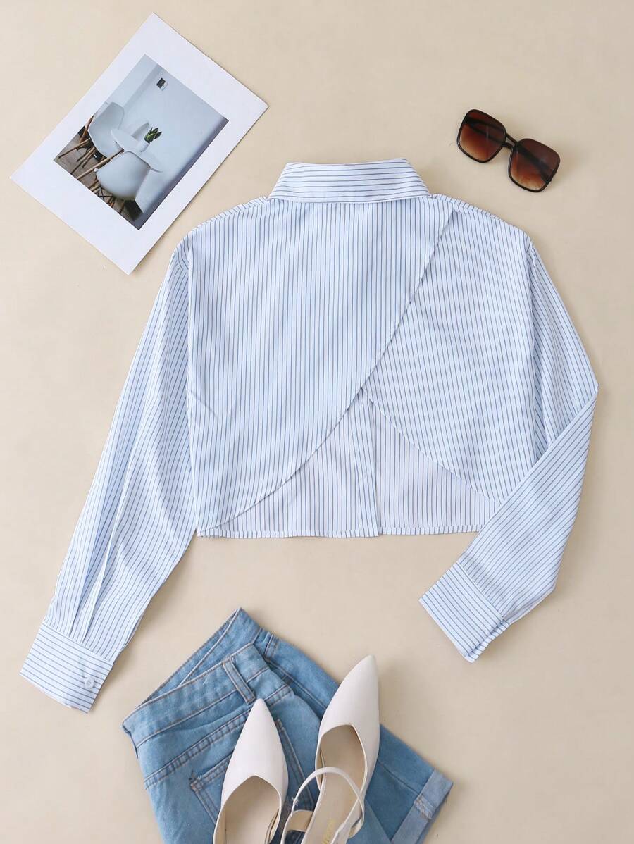 INAWLY Blusa corta con estampado de rayas y nudo en la espalda para mujer - Azul - Ver 1