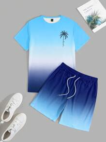 Manfinity RSRT 2pcs/Set Men's Coconut Tree Ombre Print T-Shirt And Shorts Set, Cozy Outfits - Multicolor - View 3