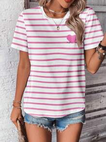 SHEIN LUNE Casual Minimalist Pink Striped Heart Pattern Round Neck Short Sleeve Loose Women T-Shirt, Suitable For Summer