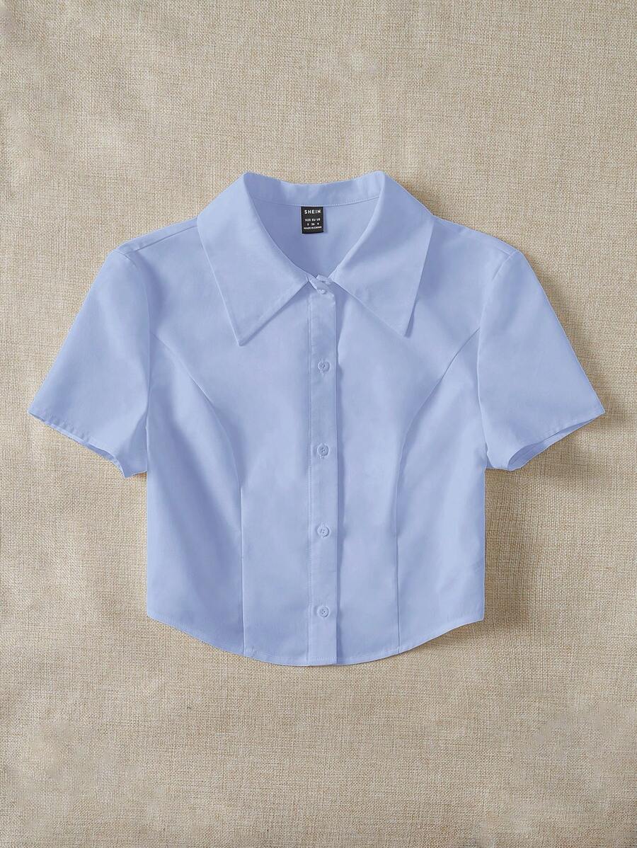 SHEIN EZwear 女式夏季梭织纽扣衬衫 - 藍色 - 查看 1