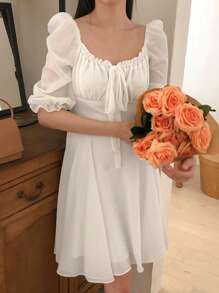 DAZY Đầm mini cổ tròn xếp ly viền xoắn màu trơn cho nữ, thanh lịch - trắng - Xem 7