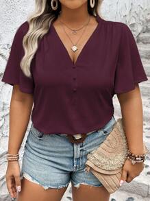 Vionelle Áo sơ mi tay ngắn cổ chữ V màu trơn cỡ lớn, đơn giản và thời trang cho mùa hè - Màu đỏ tím - Xem 5