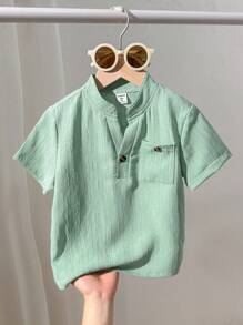 SHEIN Young Boy Plain Notch Collar Patch Pocket Short Sleeve Casual Shirt - Black - View 1