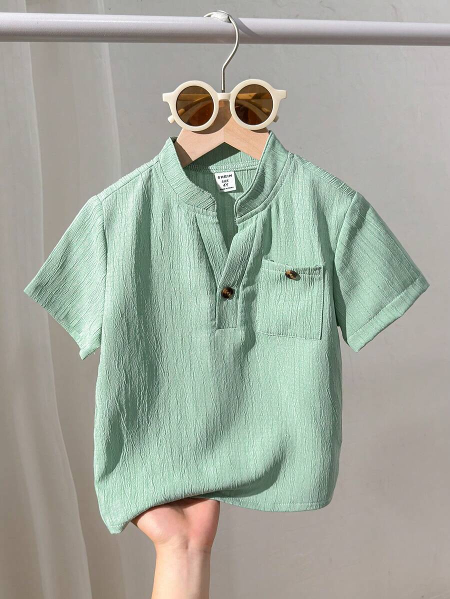 SHEIN Young Boy Plain Notch Collar Patch Pocket Short Sleeve Casual Shirt - Black - View 1