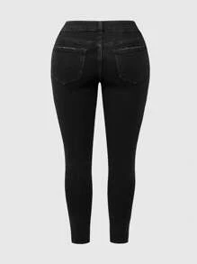 ROMWE Jeans pitillo con talla grande, con parche de estampado de leopardo, bordado de cruz y adornos de strass en estilo Y2K