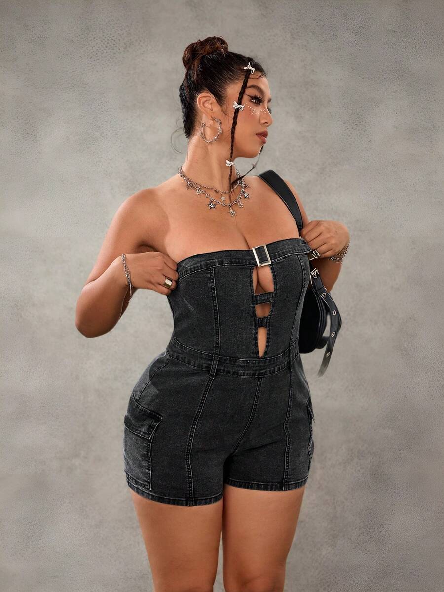 SHEIN ICON 大码无袖镂空金属纽扣拉链牛仔连体衣 - 黑色 - 查看 1