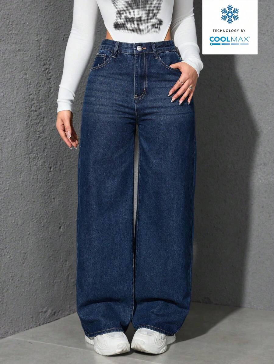 SHEIN ICON 休闲日常洗水斜口袋猫须阔腿牛仔裤 - 藍色 - 查看 1