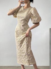 Modelyn Women Lantern Sleeve Solid Color Simple And Elegant Dress Maxi Women Outfit - Apricot - View 8