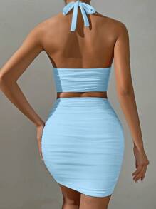 Chiquease 2pcs Women Summer Sleeveless Solid Top And Mini Skirt Set, Minimalist & Fashionable, Women 2 Pieces Outfits Women Summer Clothes Women Two Pieces Outfits - Blue - View 2