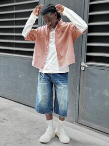 Manfinity RebelGame Camisa de manga larga con estampado de rayas, holgada, para hombres - Rojo - Ver 3