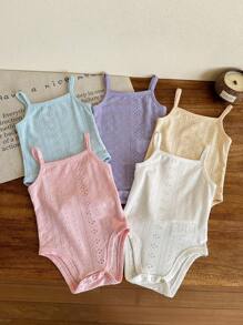 SHEIN LMoss Kids 5件套新生女宝宝可爱针织纯色背带连体衣，夏季款 - 彩色 - 查看 2
