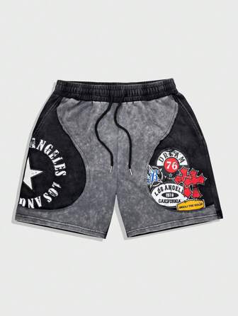 Prep Shorts de verano casuales para hombre con bloqueo de color e impresión de letras, con cordón en la cintura